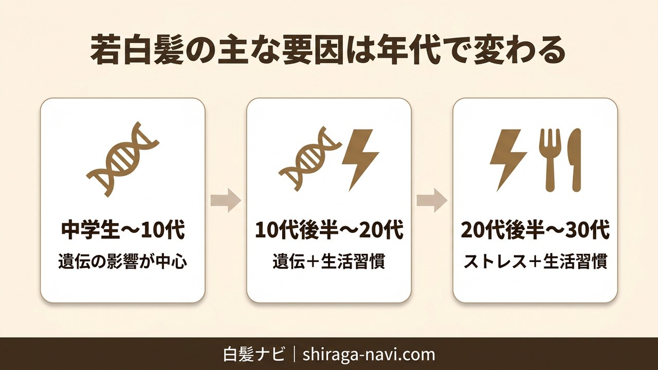 若白髪の主な要因が年代（10代・20代・30代）で遺伝からストレスへ変化する流れの図解