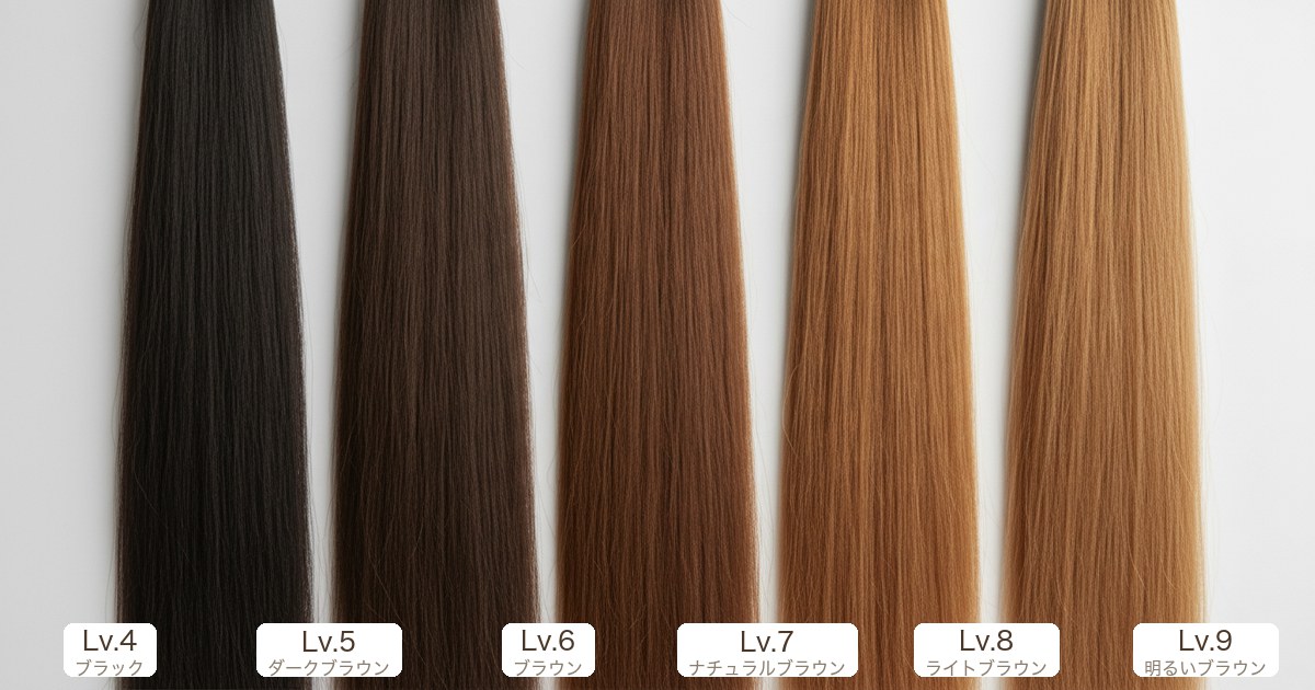 白髪染めの色レベル比較チャート（レベル4のブラックからレベル9の明るいブラウンまで）