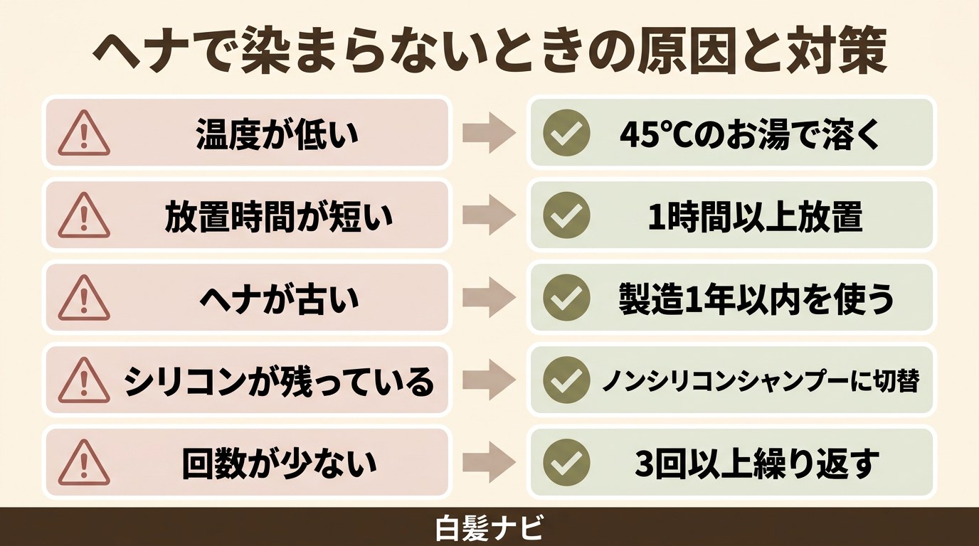 ヘナで白髪が染まらない原因と対策のフロー図解