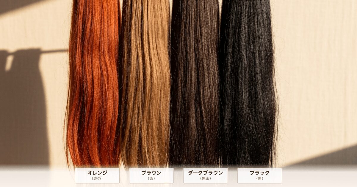 ヘナ白髪染めの色比較｜オレンジ・ブラウン・ダークブラウン・ブラックの毛束見本