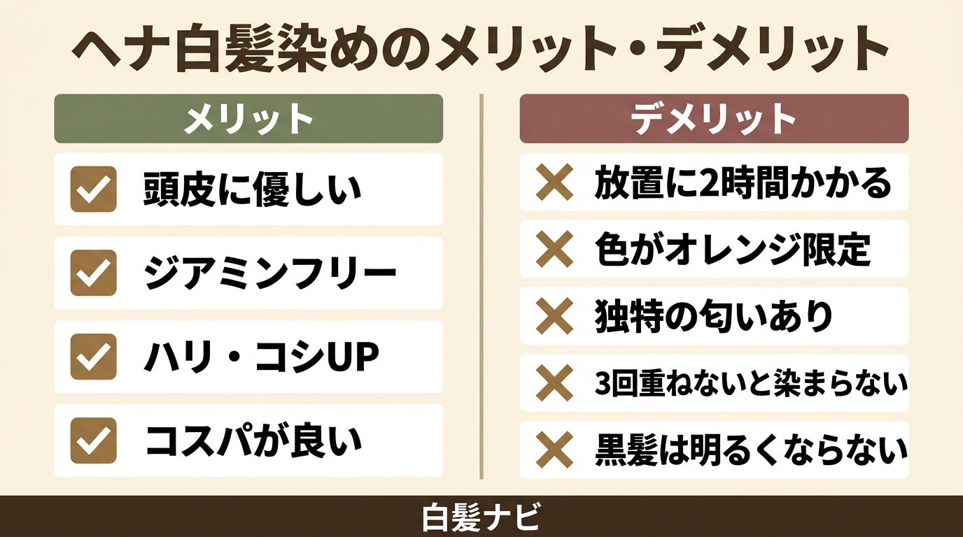 ヘナ白髪染めのメリットとデメリットを比較した図解