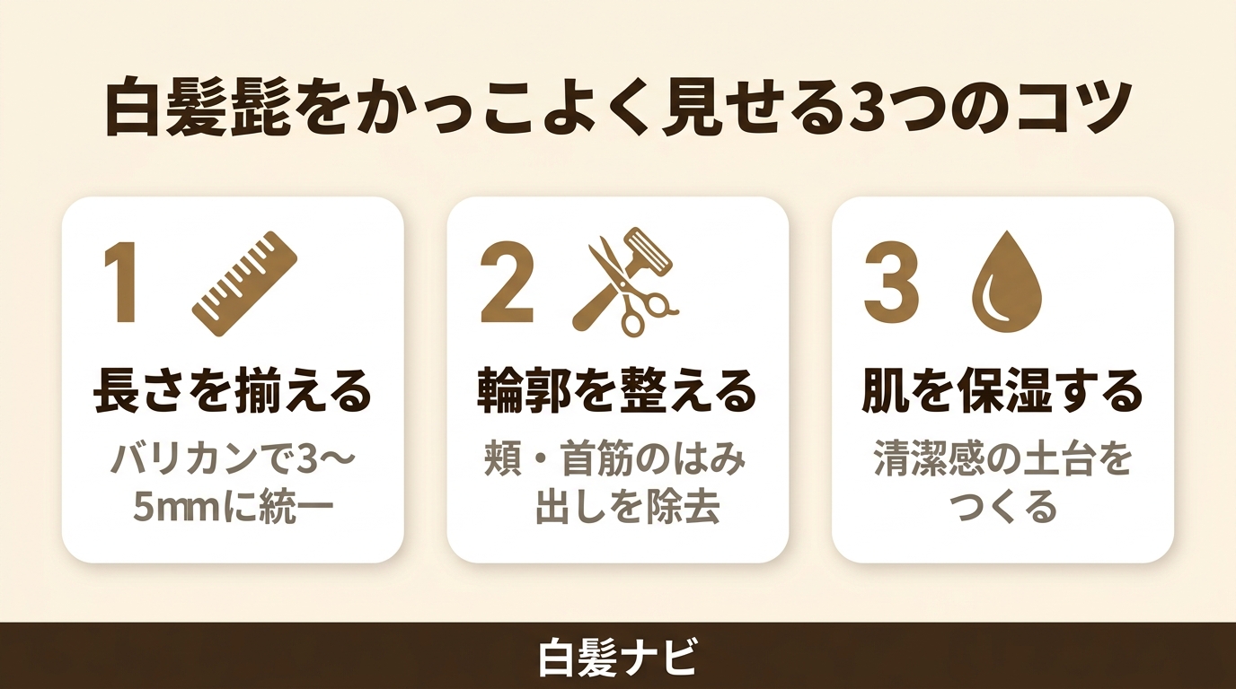 白髪髭をかっこよく見せる3つのコツの図解（長さを揃える・輪郭を整える・肌を保湿する）