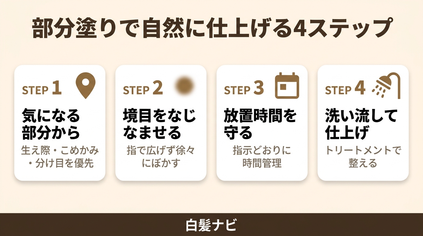 30代の白髪染めを自然に仕上げる部分塗り4ステップの手順図解