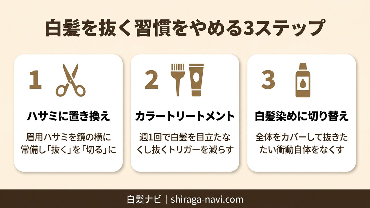 白髪を抜く習慣をやめるための3ステップ（ハサミに置き換え・カラートリートメント・白髪染め）の図解
