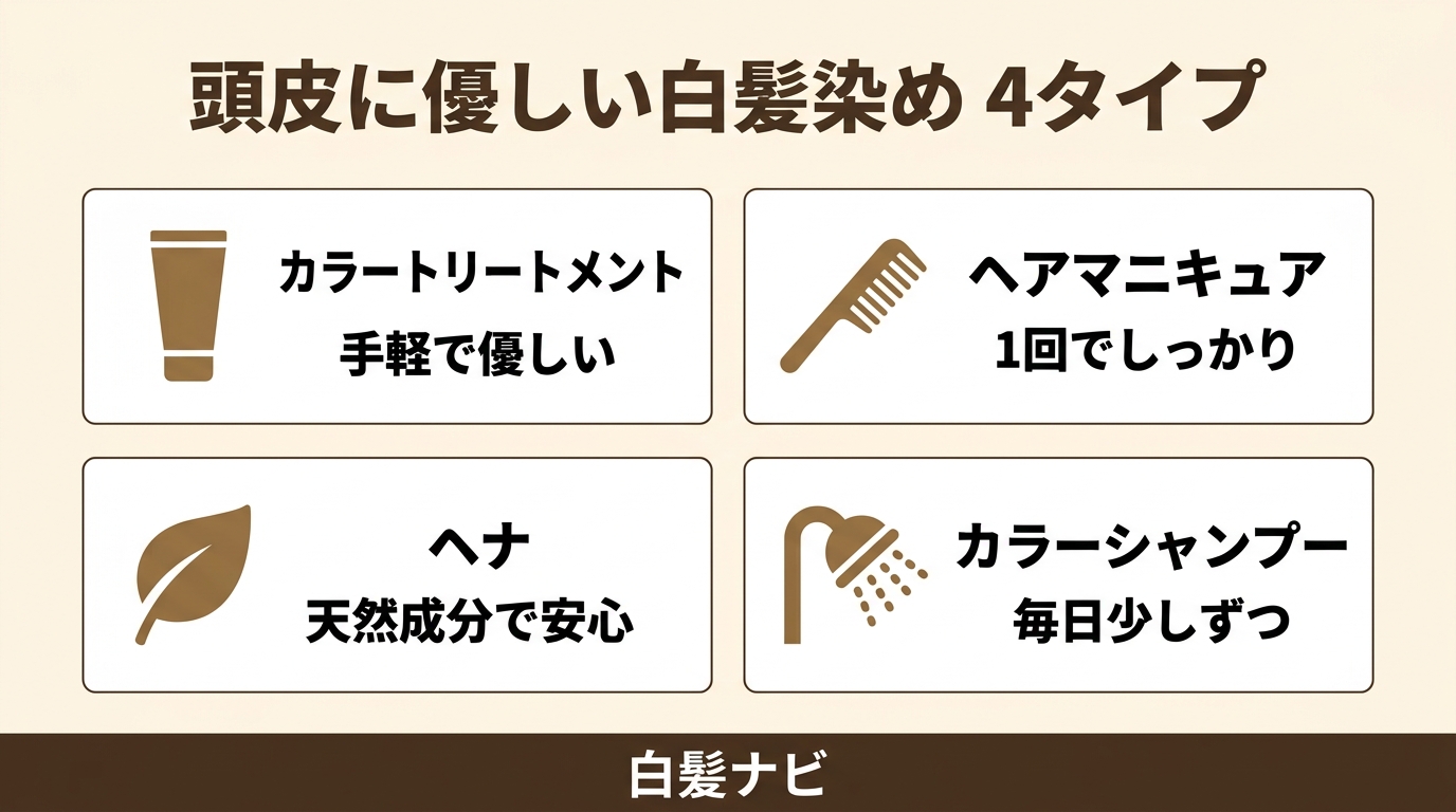 頭皮に優しい白髪染め4タイプの比較図解（カラートリートメント・ヘアマニキュア・ヘナ・カラーシャンプー）