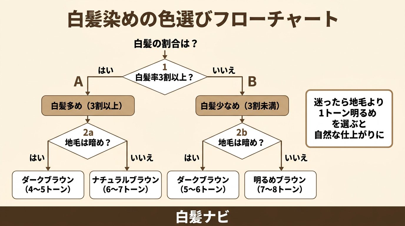 白髪染めの色選びフローチャート｜白髪の割合と地毛の明るさからおすすめトーンを導く分岐図