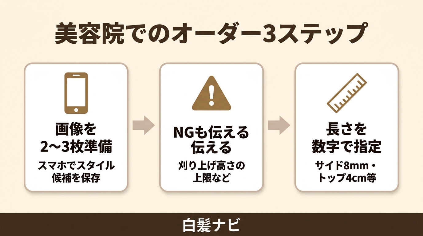 美容院での白髪短髪オーダー3ステップ