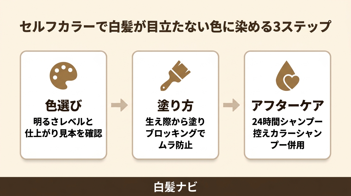 セルフカラーで白髪が目立たないカラーに染める3ステップ（色選び・塗り方・アフターケア）のフロー図