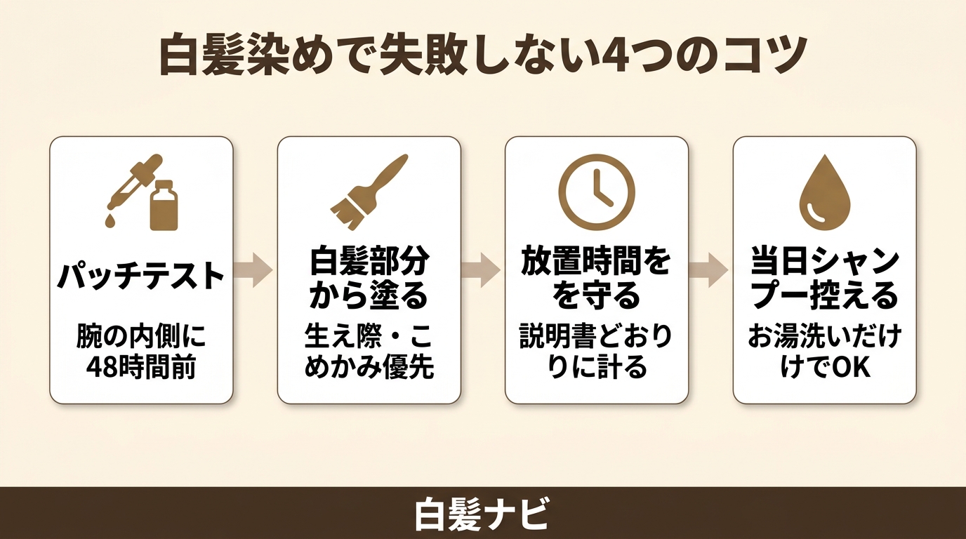 白髪染めで失敗しない4つのコツ｜パッチテストから当日のシャンプーまでの手順図